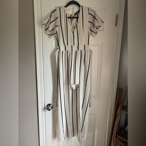 Striped V-Neck Jumpsuit in White with Black Stripes